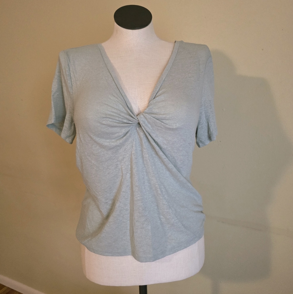 Light Sage Green Linen Blend V-Neck Front Twist Short Sleeve Top Casual Dressy